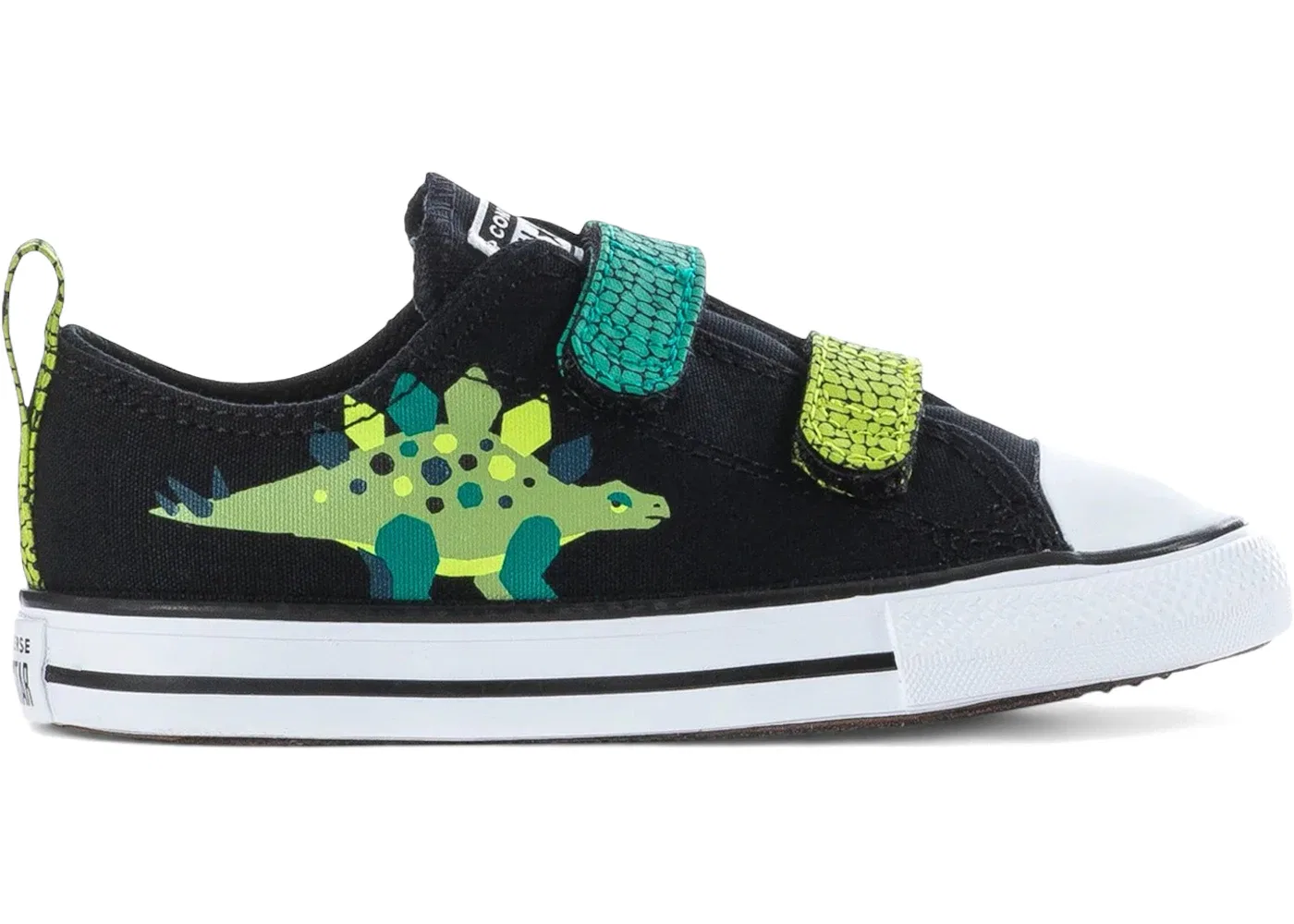 Детские кеды с принтом динозавров Converse Chuck Taylor All Star 2V, Black/White/Neon Mantis Green