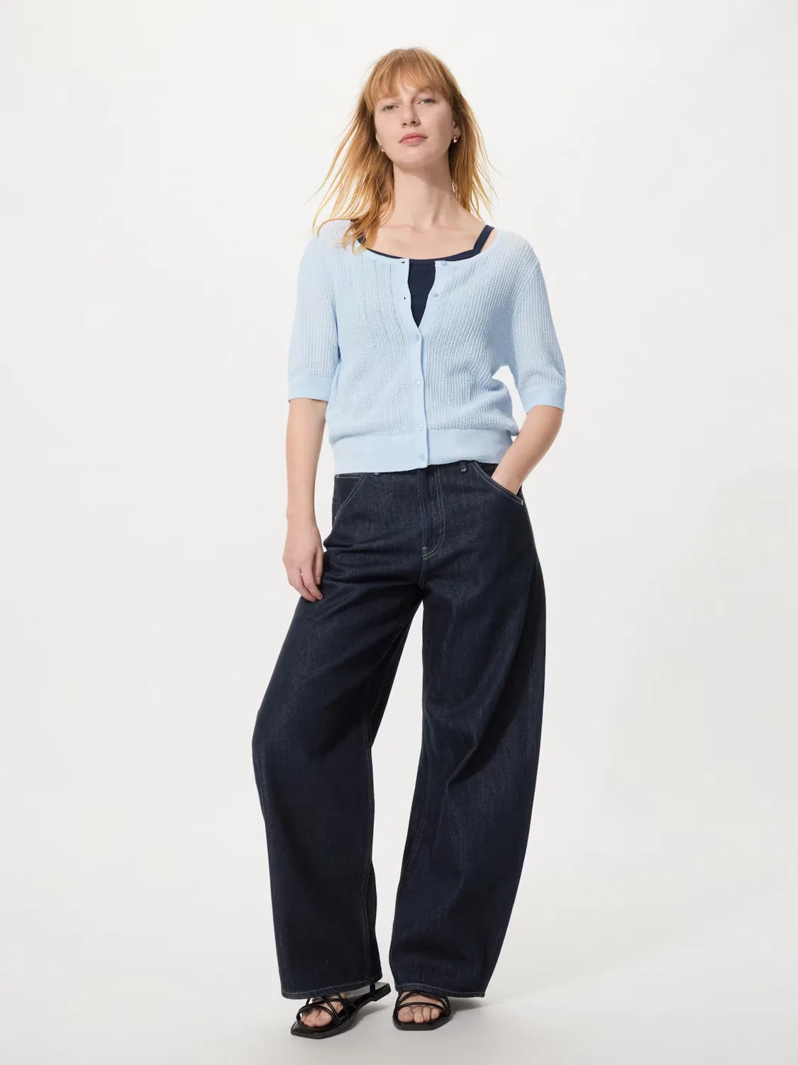 Кардиган Uniqlo, кружевной, прозрачный, с круглым вырезом, зеленый — фото 2
