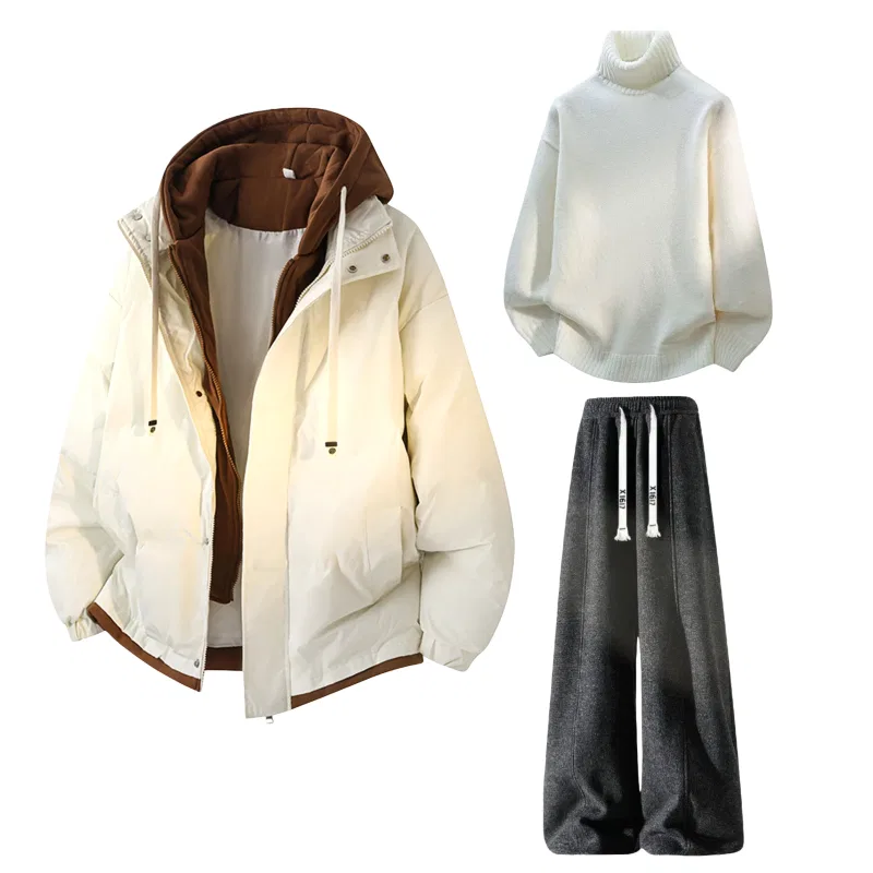 Детский комплект из пуховика, свитера и брюк с флисом X1617, Apricot Puffer Jacket+White Sweater+Black Fleece-Lined Pants, Apricot/White/Black