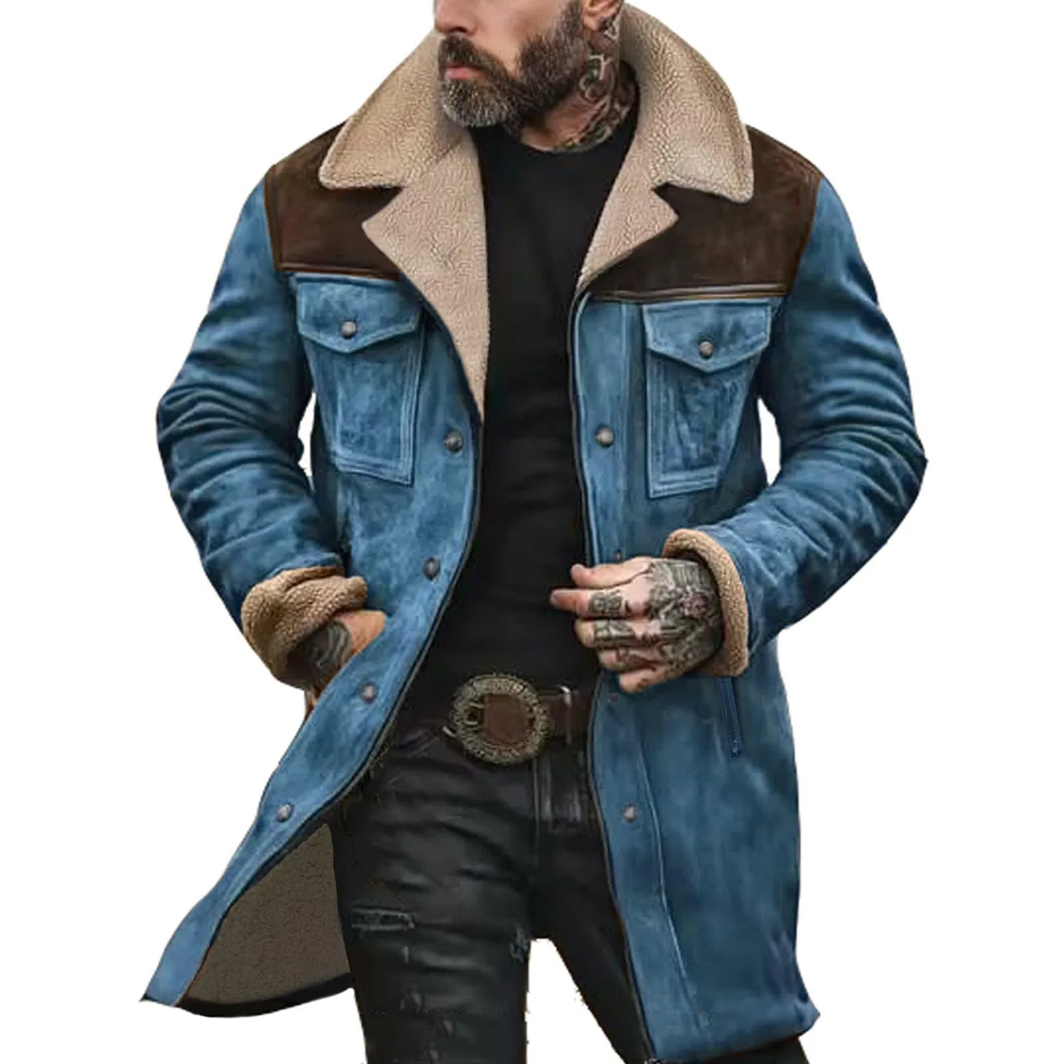 Мужское зимнее пальто с плюшевым воротником Vintage Suede Leather Plush Collar Winter Jackets, blue