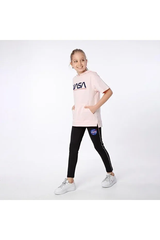 Детский комплект для девочек с принтом NASA Printed - Hooded T-Shirt And Embroidered Tights Set Black One, Somon