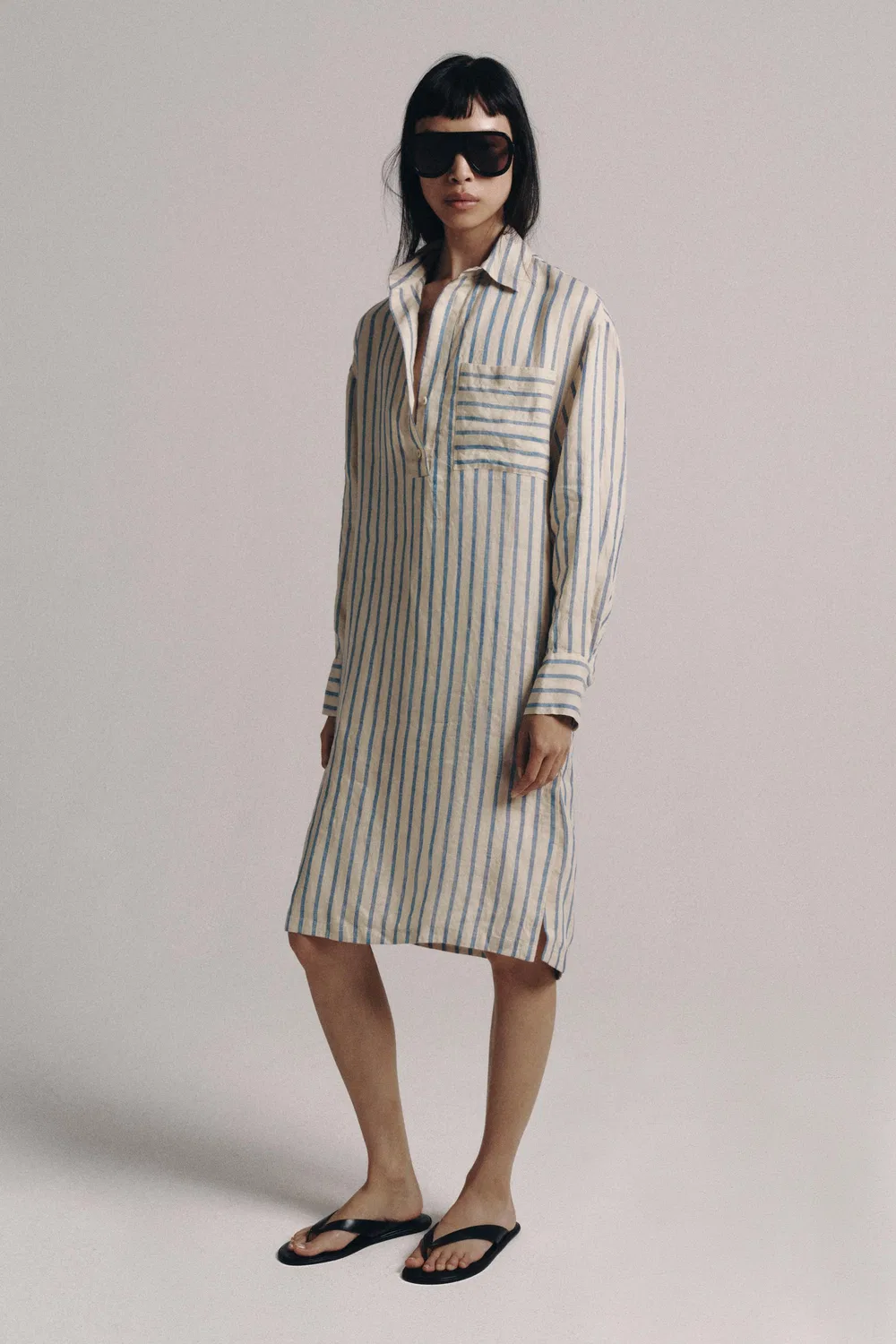 Платье-рубашка в полоску из коллекции ZW, 100% лен. ZARA, Blue — фото 4