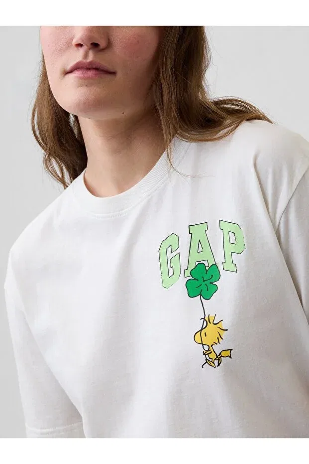 Женская футболка с принтом Peanuts Oversized D Crew Neck Gap, White — фото 3