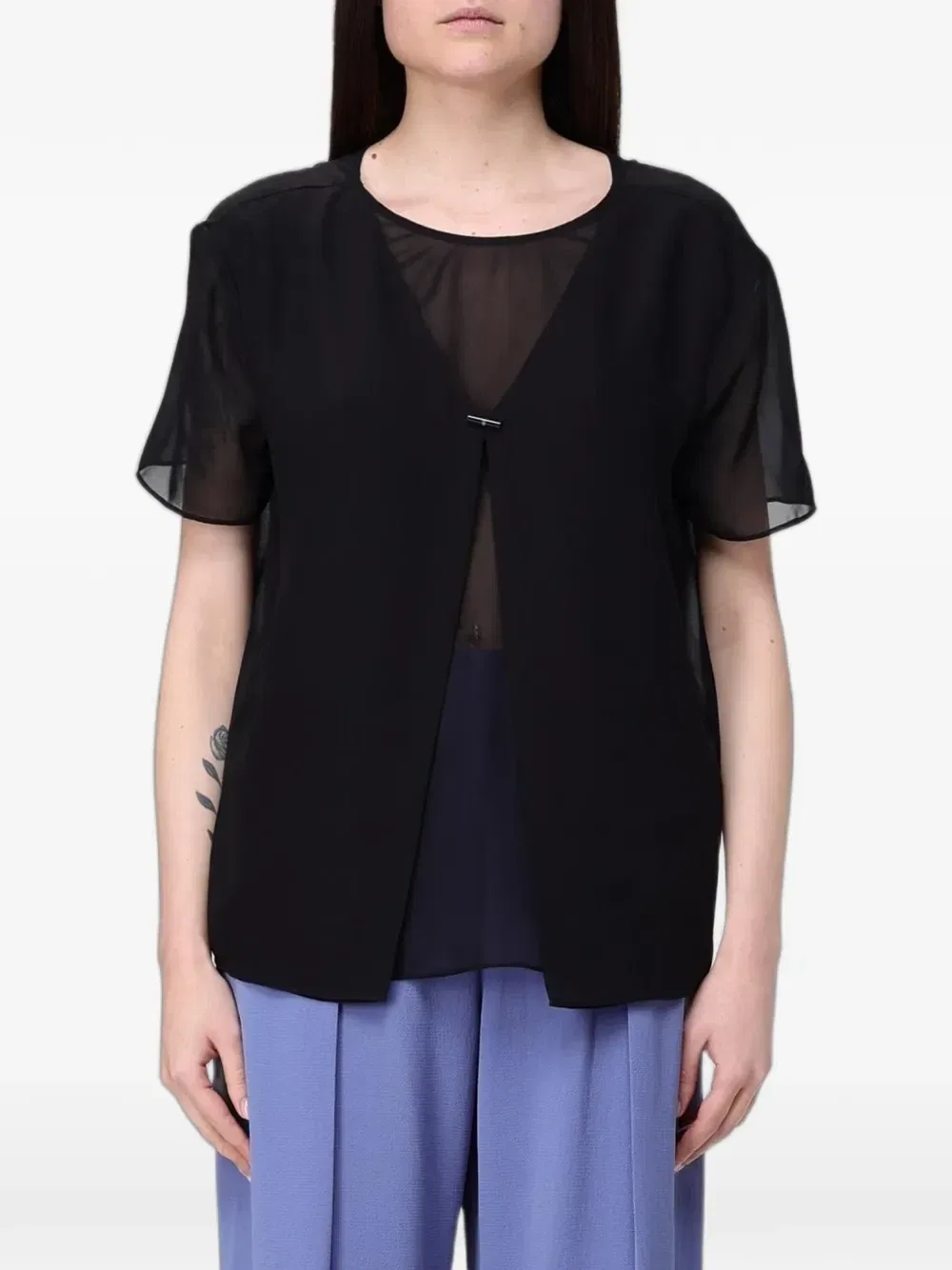 Топ с шифоновыми вставками и застежкой-планкой Emporio Armani, черный