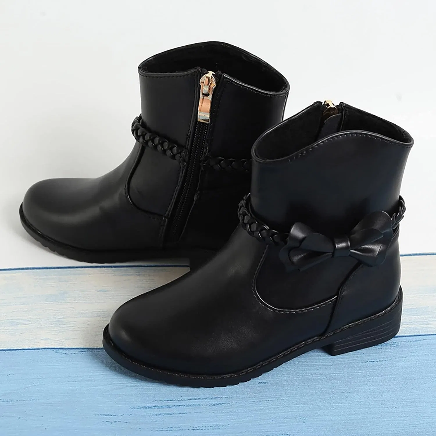 Детские сапоги для девочек с принтом Bow Little Kid Low Heel Leather Western Boots Fall Booties, Black — фото 2