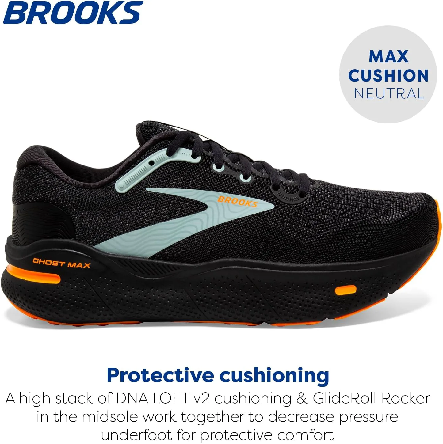 Мужские кроссовки Brooks Ghost Max Cushion для бега и ходьбы, нейтральная посадка, черный/оранжевый/синий — фото 4