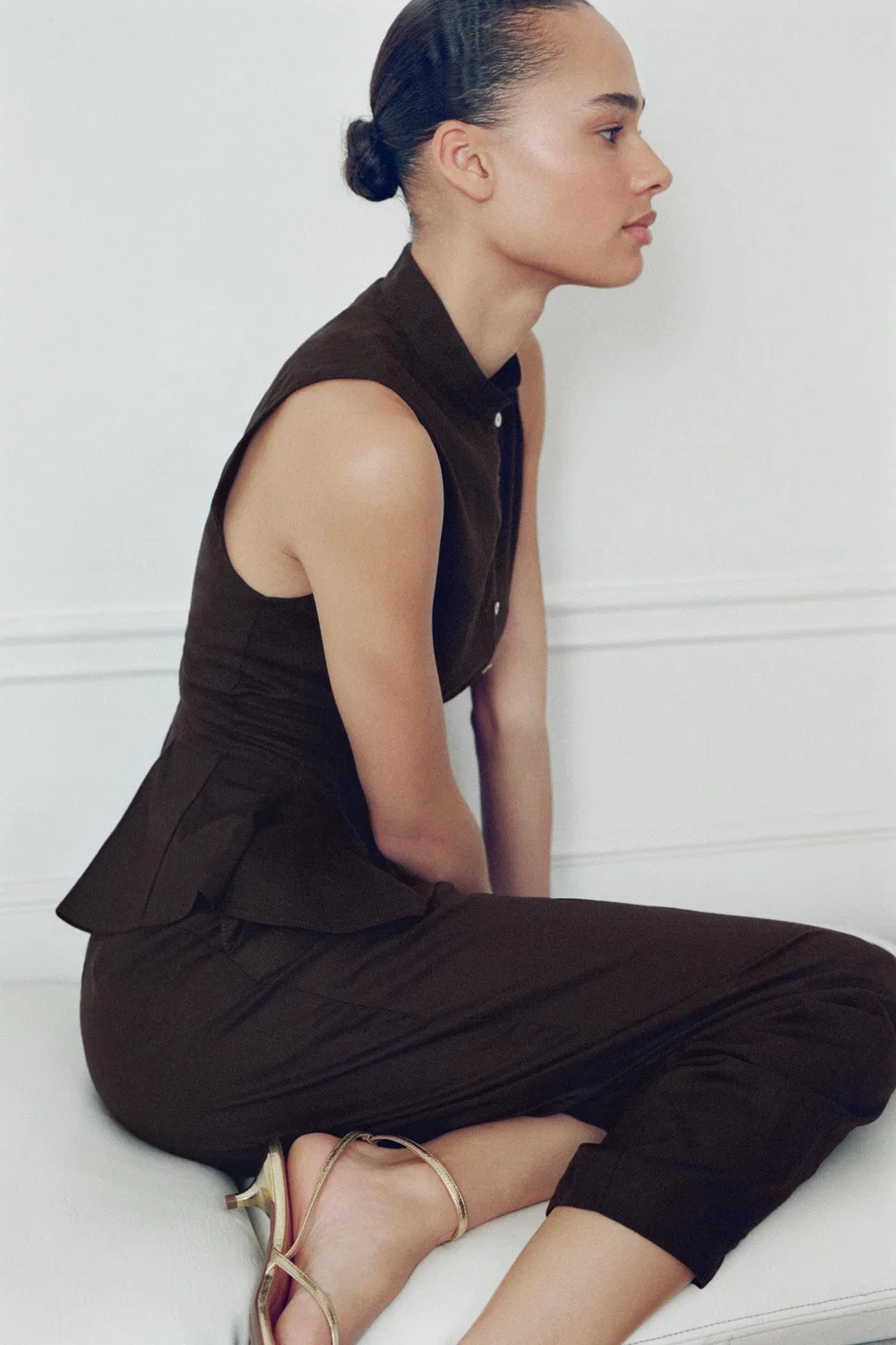 Рубашка без рукавов из смеси льна ZARA, Brown — фото 2