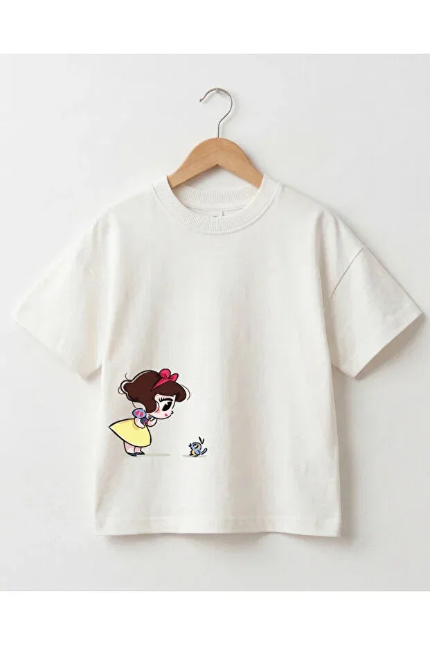 Детская футболка с принтом Oversized printed t-shirt cute princess and bird pattern cotton children's t-shirt Babytex, Ecru — фото 2