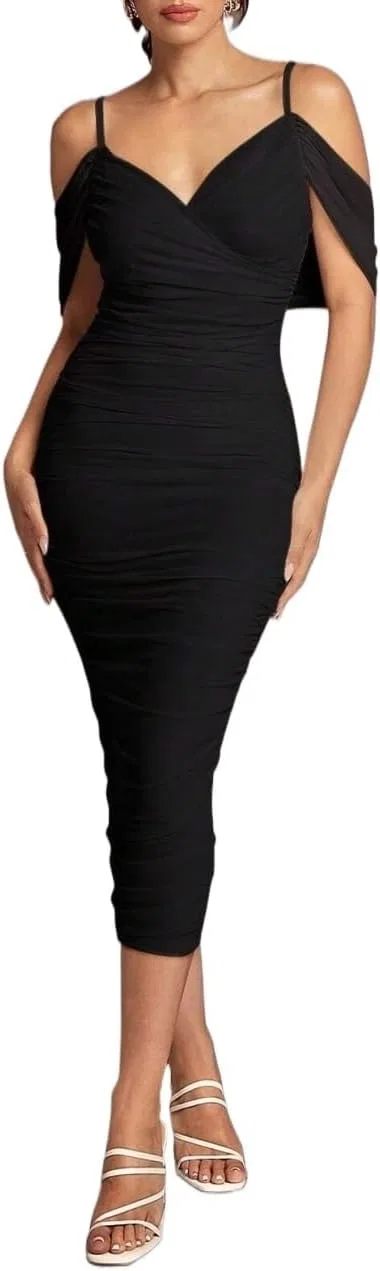 Женское элегантное платье-миди bodycon с открытыми плечами, Black