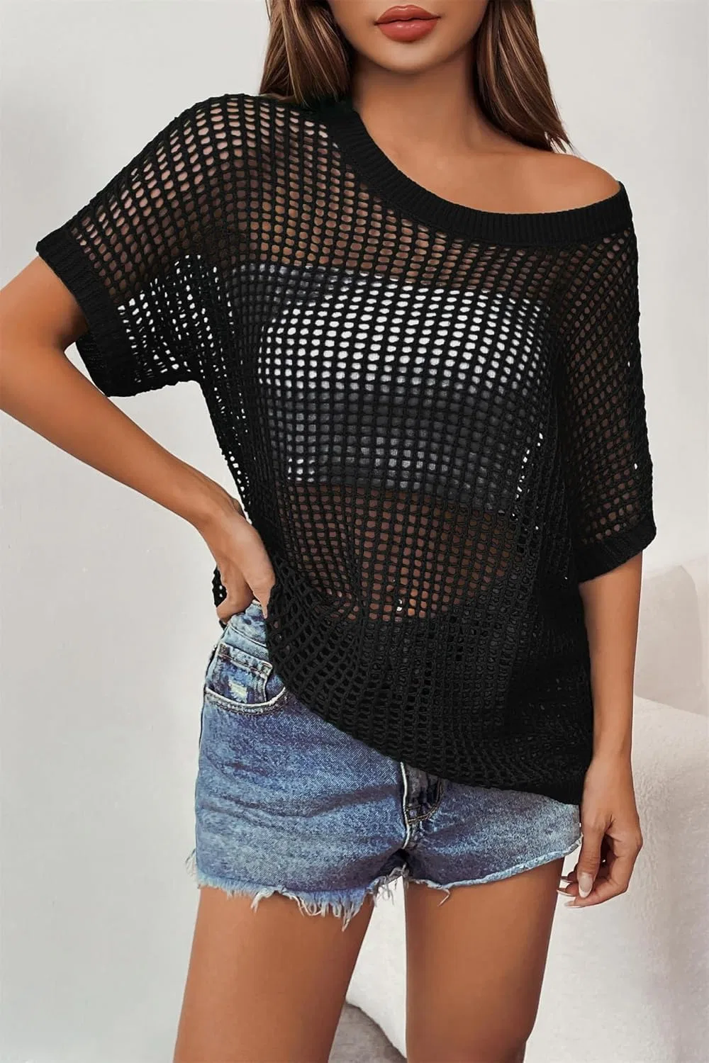 Женский летний ажурный свитер-накидка с открытыми плечами 000273sweater, Black — фото 4