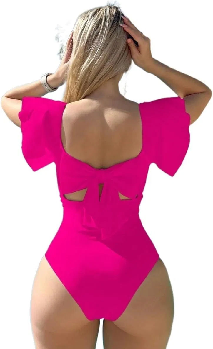 Женский цельнокроеный купальник с защипами и воланами, Hot Pink — фото 2