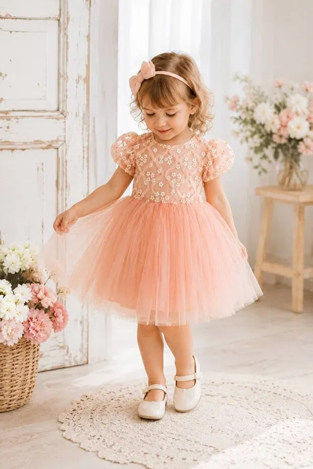 Детское платье из фатина с принтом Daisy tulle puffy dress Lunas Tekstil, Salmon