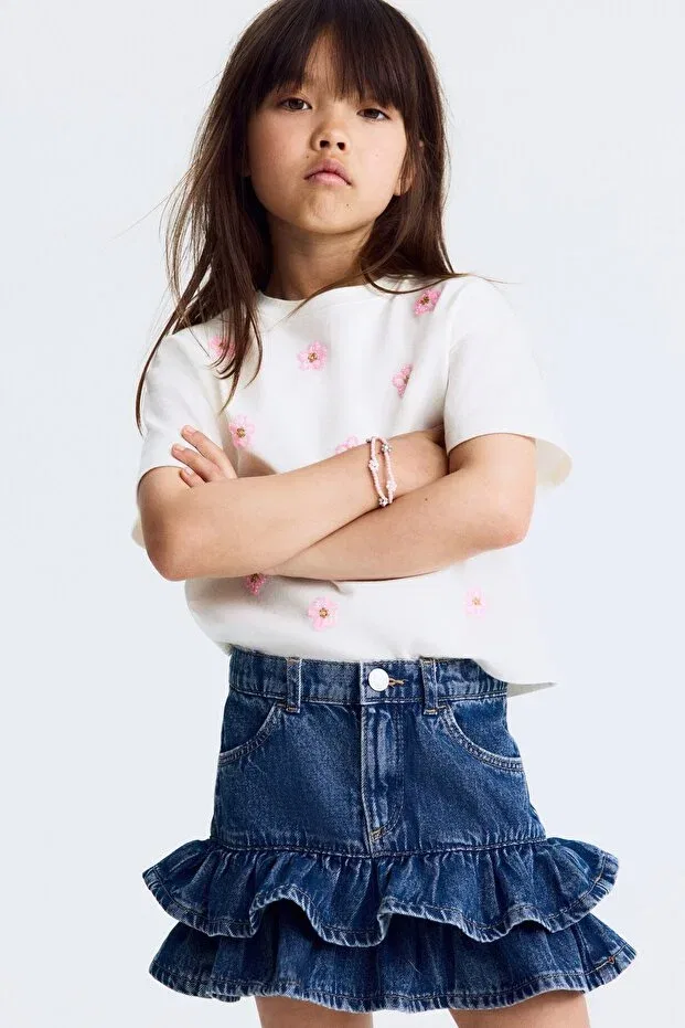 Детская хлопковое футболка с аппликацией H&M, Ivory Flowers