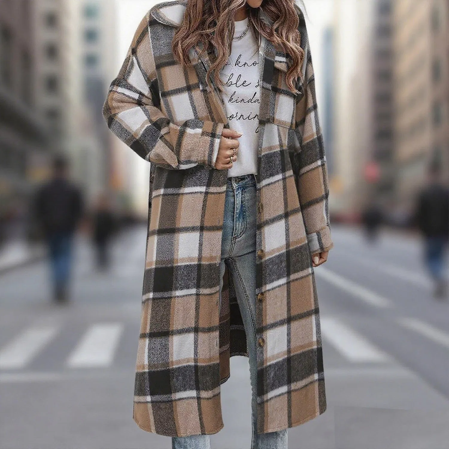 Женская рубашка-куртка с принтом в клетку Oversized Plaid Shacket, dark khaki — фото 2