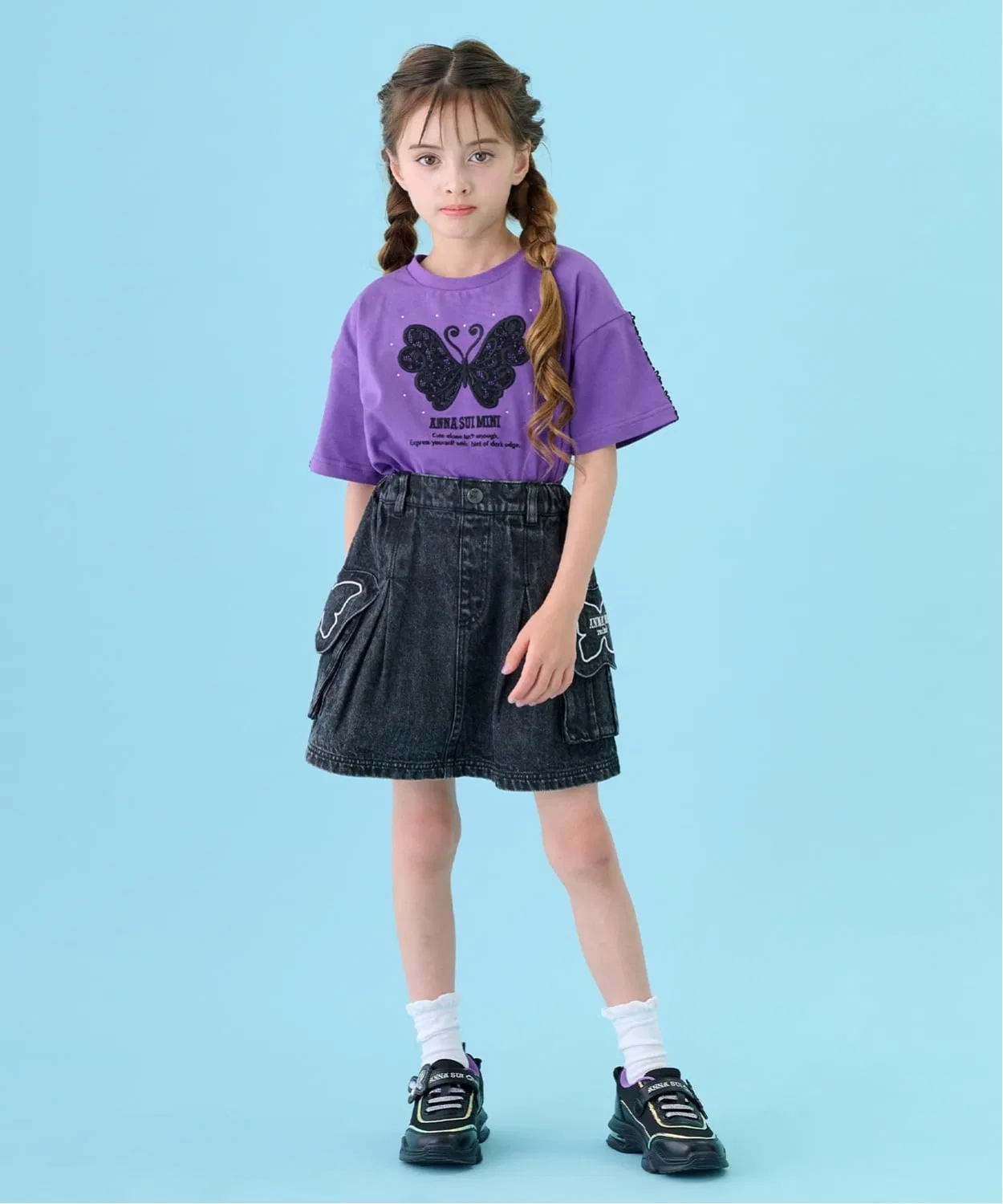 Детские джинсовые шорты-юбка с бабочками для девочек ANNA SUI mini, Blue — фото 4