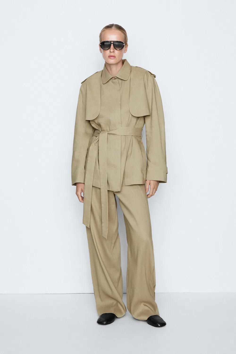 Укороченный тренч Massimo Dutti Studio Linen Blend Coat, бледный хаки