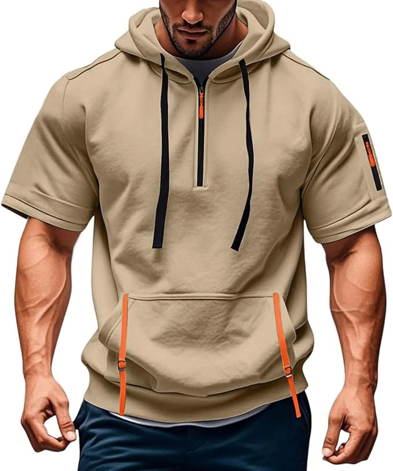 Мужская спортивная футболка с капюшоном и карманом, Khaki — фото 2
