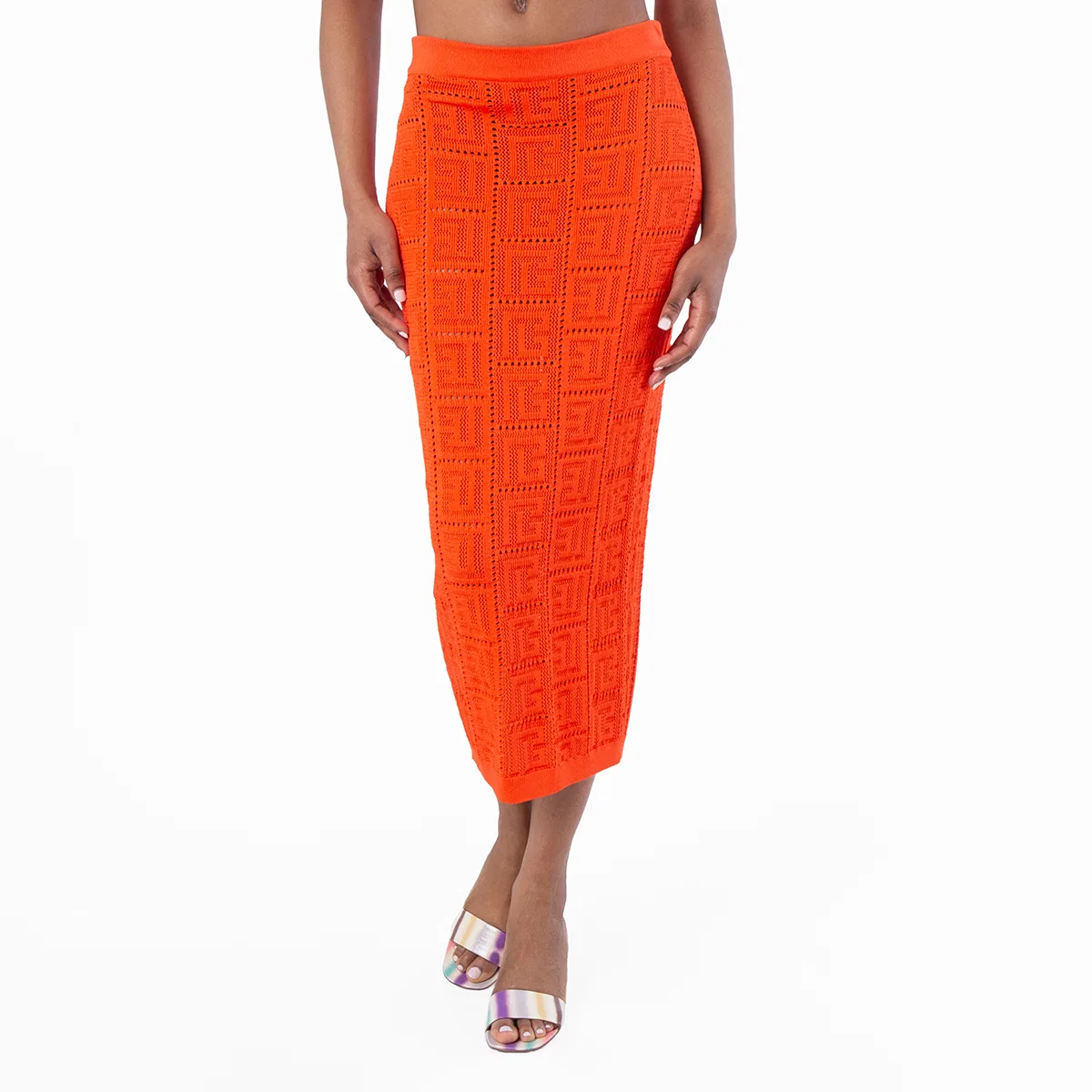 Юбка из сетки с монограммой Balmain, Orange Foncé — фото 2