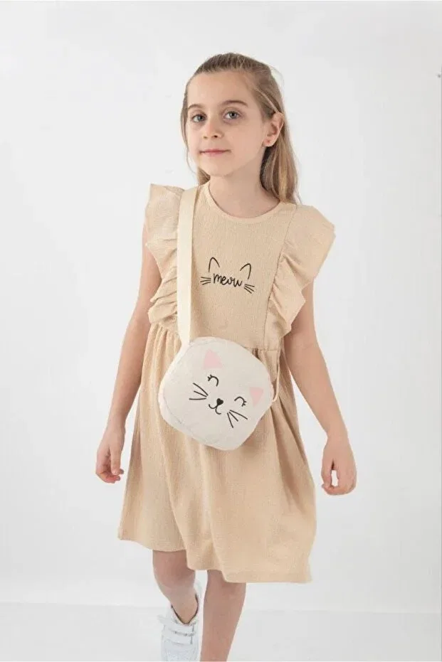 Детское платье для девочек с принтом Zero Sleeve Fiffired Sleeve Detail Girl's Cute Cat Print Dress Buufuu, Cream