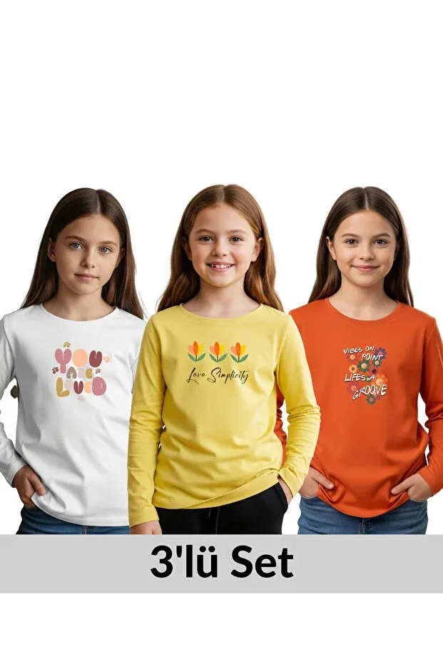 Детский комплект свитшотов для девочек с принтом Panios Kids, Белый-Желтый-Оранжевый