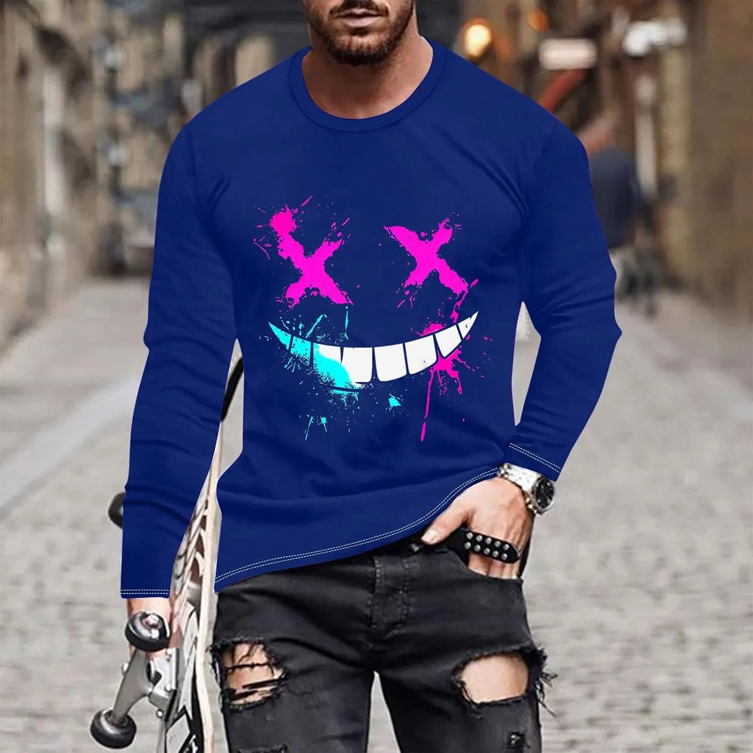 Мужская футболка с граффити X-Eye-Face Long Sleeve Pullover, Blue — фото 2