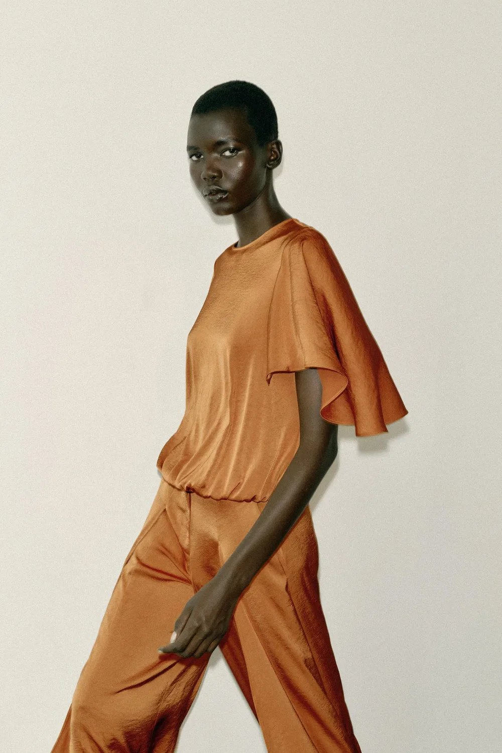 Струящаяся рубашка с рукавами с оборками ZARA, Burnt orange — фото 3