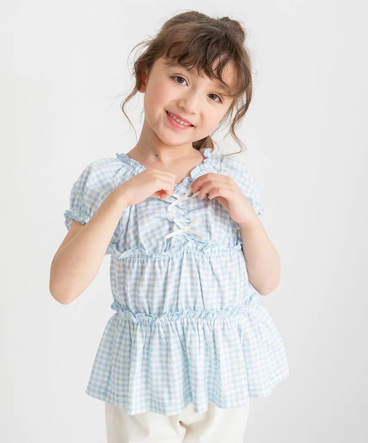 Детская футболка с принтом в клетку, модель Gingham Blouse, branshes, Sax Blue