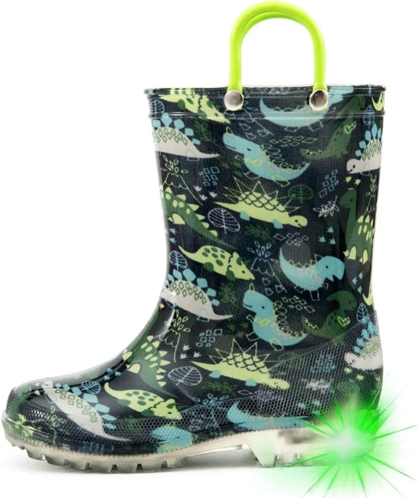 Детские сапоги для девочек с подсветкой HugRain, Deep Green Dinosaur