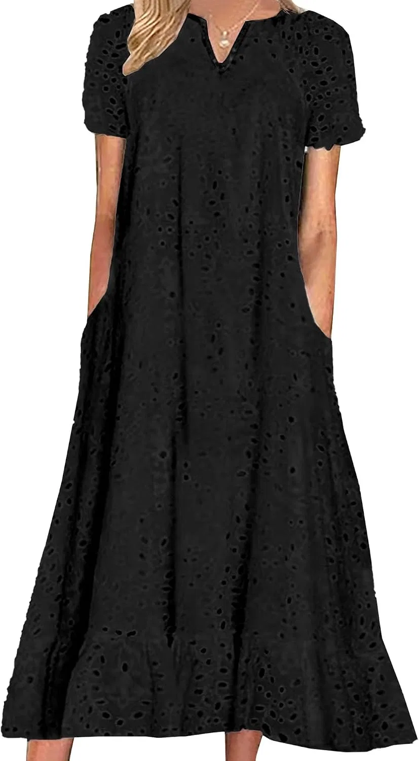 Женское платье-трапеция с принтом, Maxi Long Dresses for Women 2025 Trendy Short Sleeve Eyelet Tshirt Dress Notch Neck Midi Tunic Dress with Pocket, чёрный