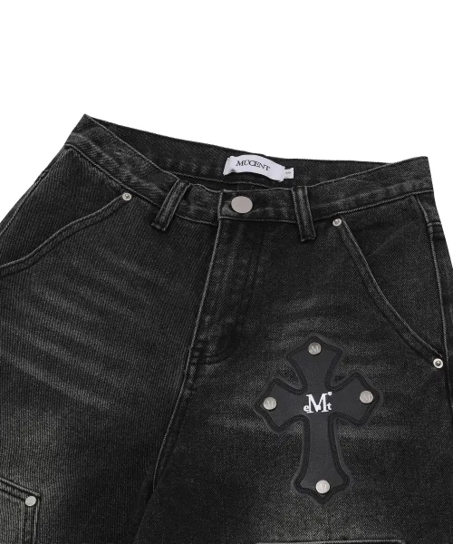 Детские джинсовые брюки с кожаными заплатками, модель Preset Cross Leather Patch Double Knee Bermuda MUCENT, Black — фото 4