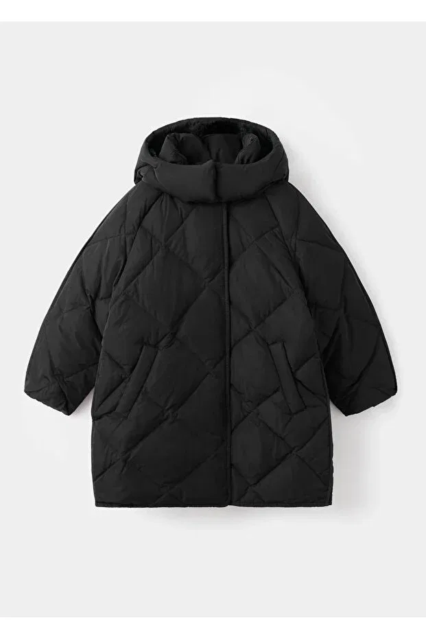 Детское зимнее пальто для девочек стеганое с капюшоном Mango Kids, Black
