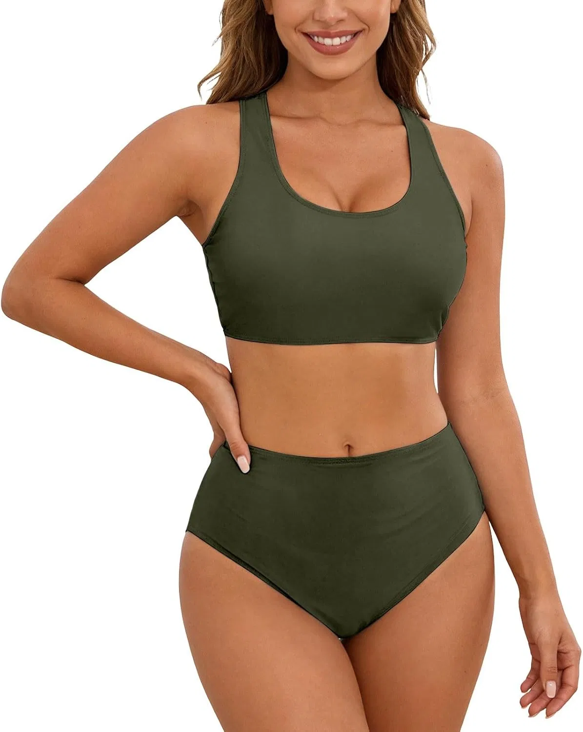 Женский танкини-бикини сет с завышенной талией, Army Green