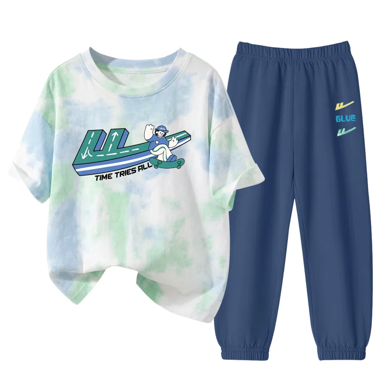 Детский спортивный комплект с круглым вырезом, тонкий, стрейч, Green Track-Navy Blue WARRIOR