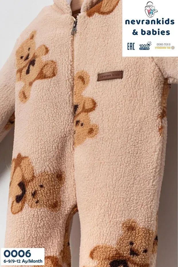 Детский комбинезон-куртка с искусственным мехом, с капюшоном, на молнии Unisex baby welsoft plush coat-jumpsuit hooded zippered teddy bear winter 3 tog double layer Nevrankids, Beige — фото 3
