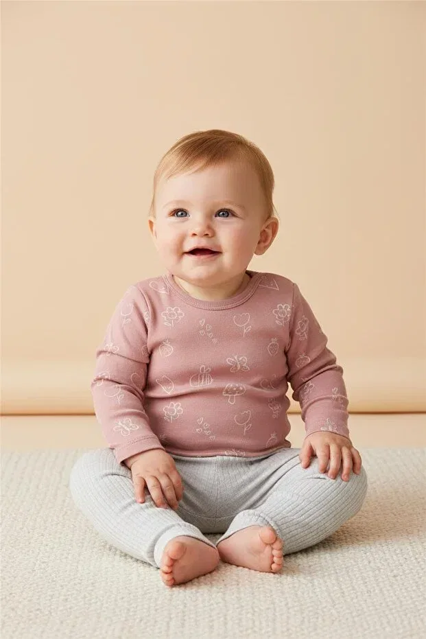 Детские брюки для девочек с принтом Interlock 2-piece bear pants (cute bear) Bebetto, Gray Melange Ecru — фото 3