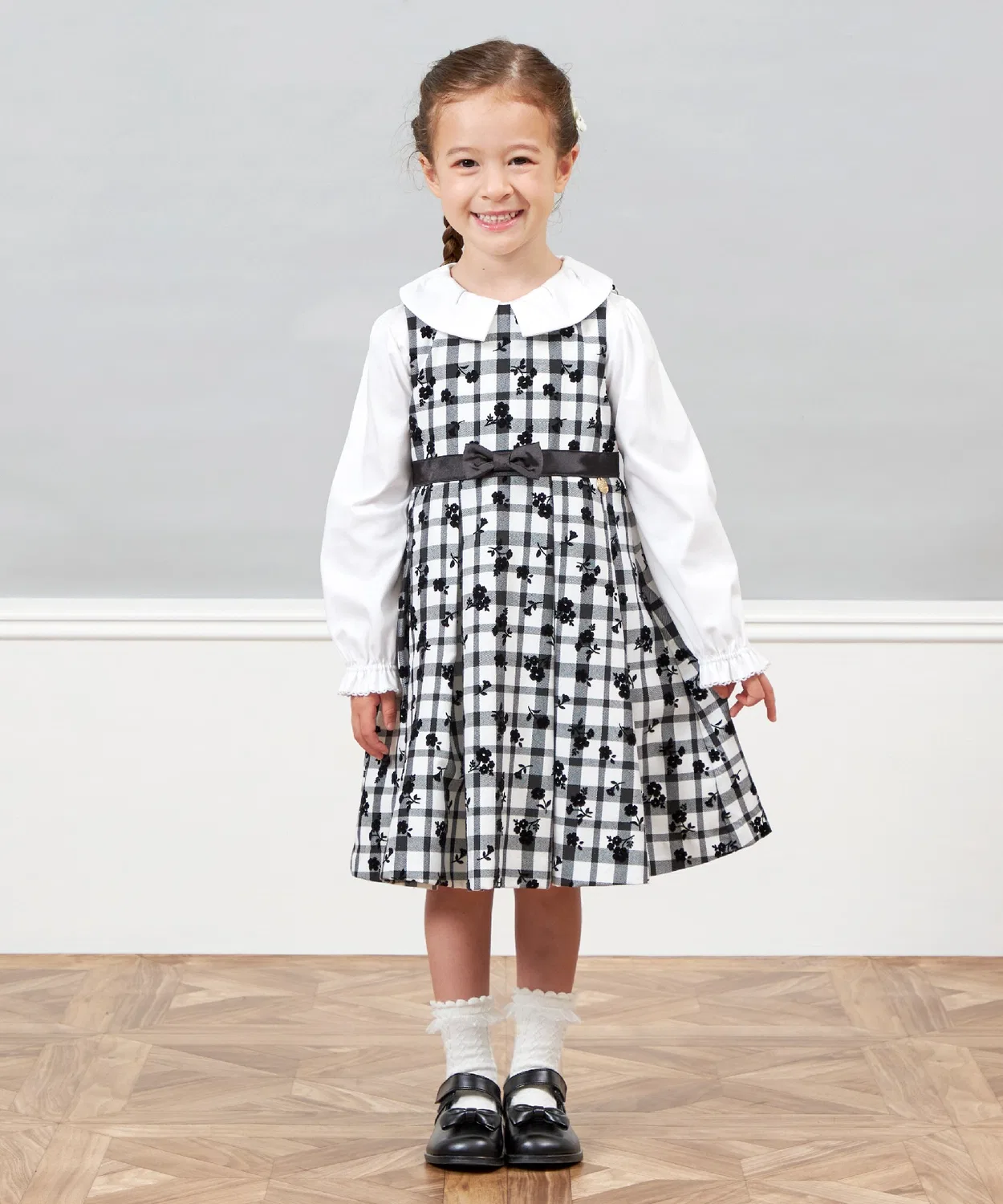 Детский сарафан с цветочным принтом и клеткой, модель Check ON Flower Print KP, Black — фото 2