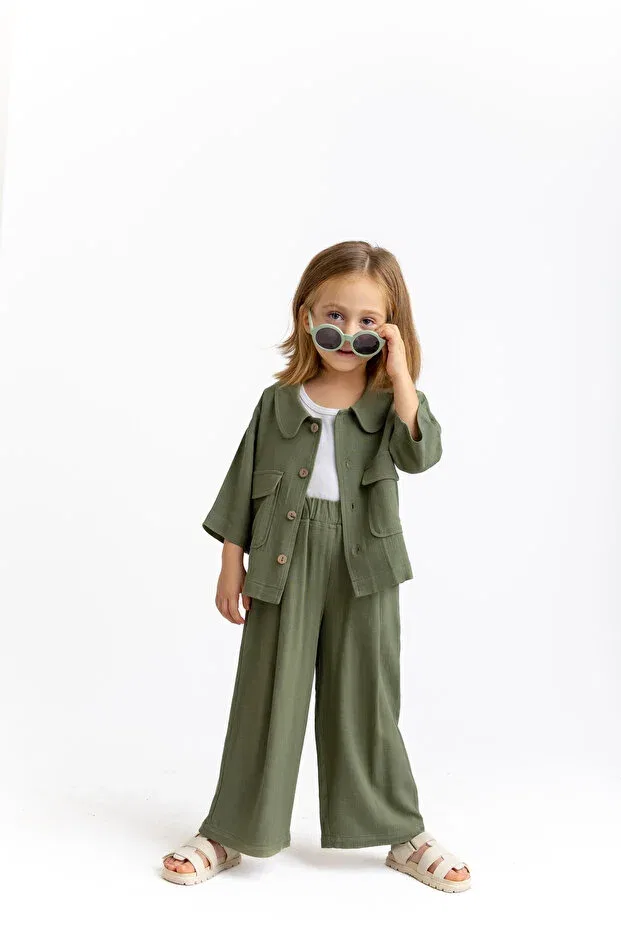 Детская куртка для девочек хлопковая с коротким рукавом Oliven The Kid, Khaki — фото 3