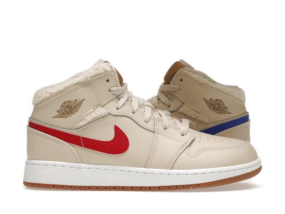 Детские кроссовки Lifestyle с флисовой подкладкой Jordan 1 Mid Utility, Pearl White/Dark Driftwood-Pink Salt-Racer Blue