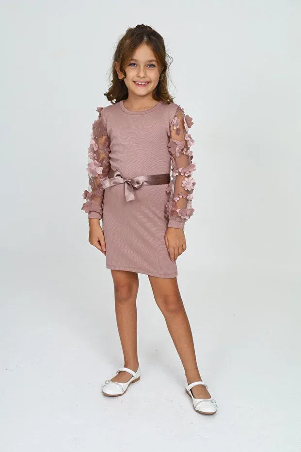 Детское платье для девочек с длинным рукавом Öykü Kids, Powder Pink