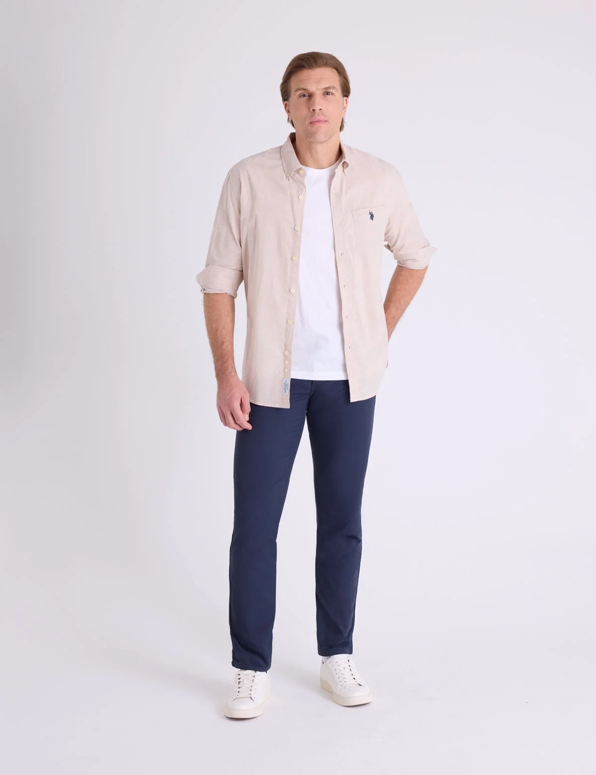 Мужская рубашка U.S. Polo Assn. Long Sleeve Houndstooth Stretch Poplin, хаки — фото 3
