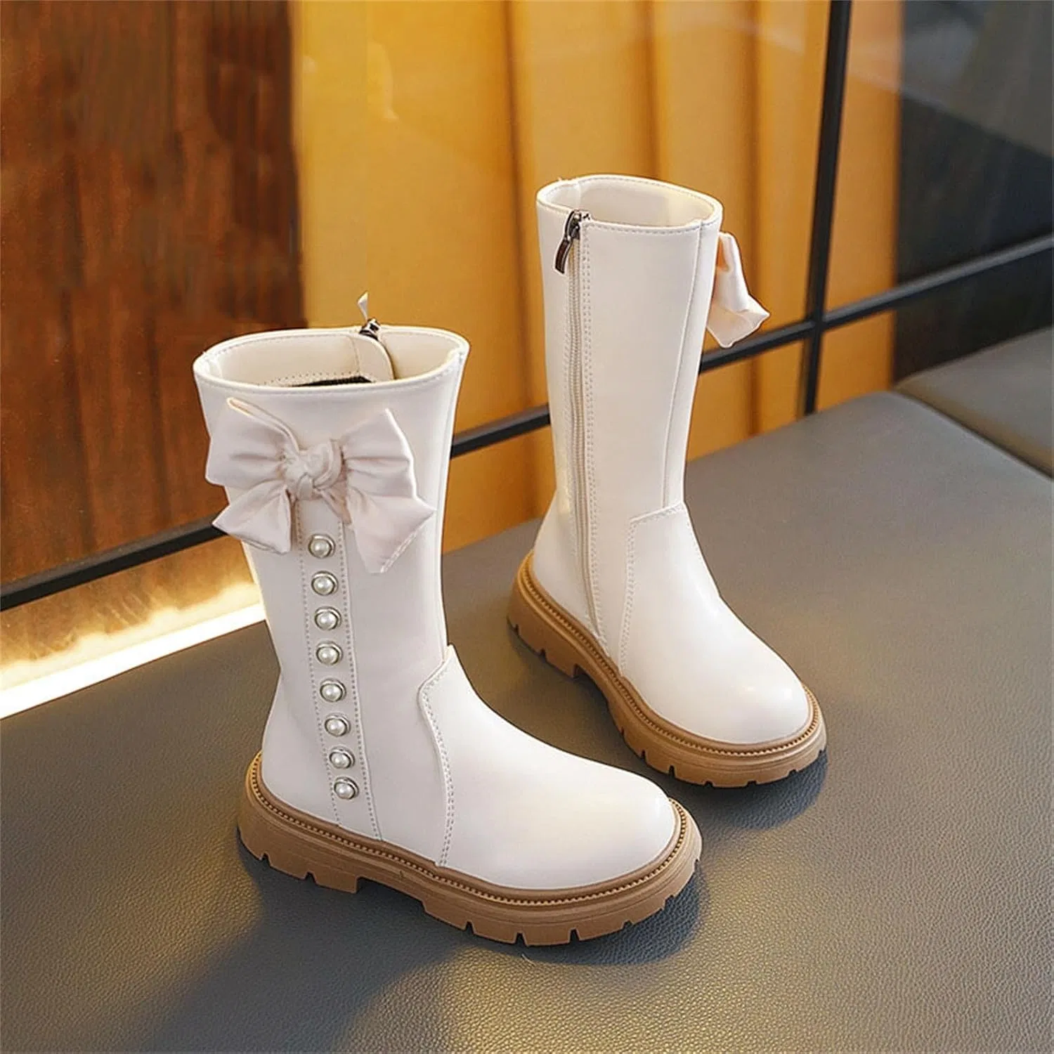 Детские зимние сапоги для девочек с бантом и молнией Zzalalana, Beige — фото 3