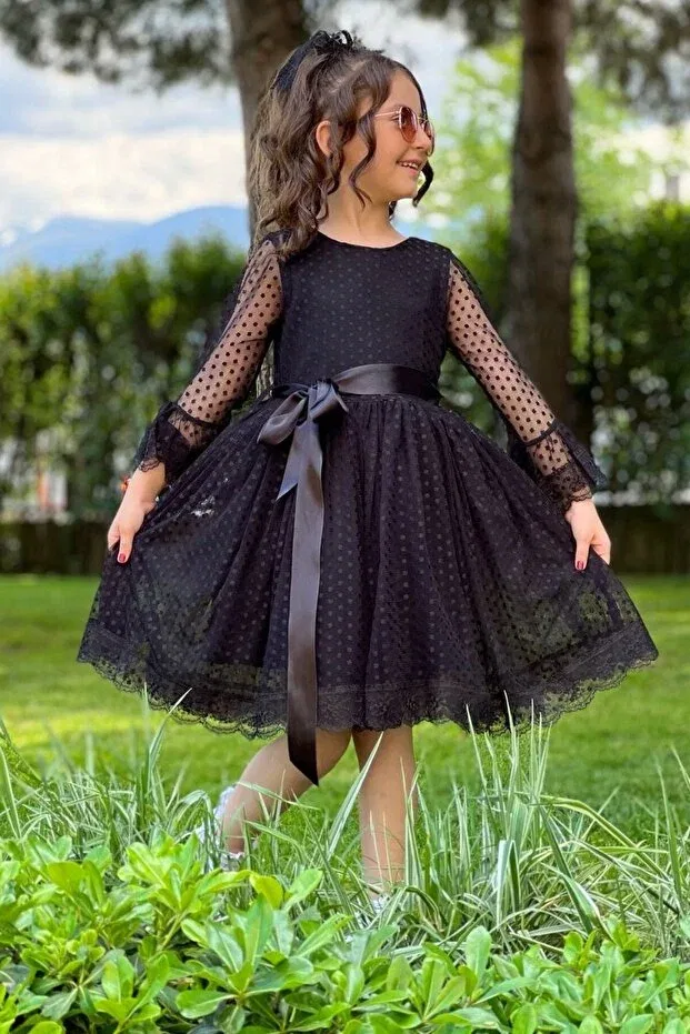 Детское платье для девочек кружевное с длинным рукавом Princess model Abiyekids, Black — фото 3