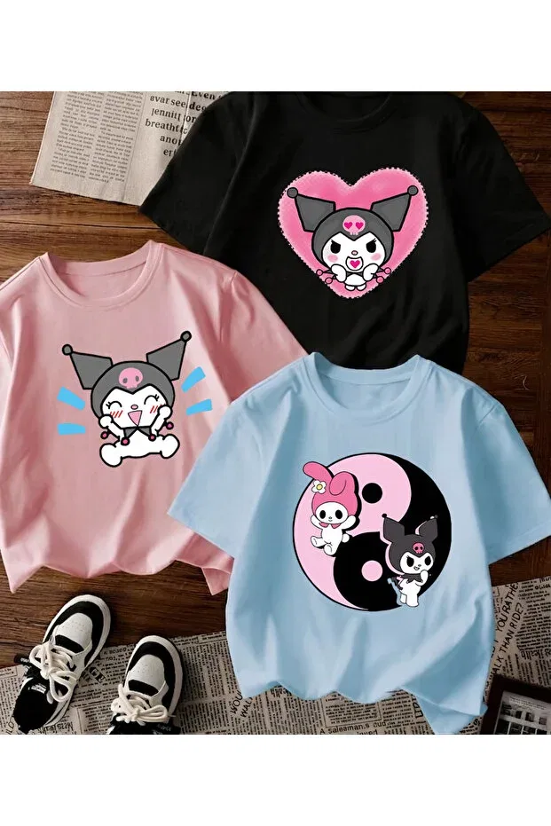 Детская футболка для девочек хлопковая 3-комплект Kuromi printed cotton short sleeve 3-pack youth and children's t-shirt Magors, Black-Pink-Blue-2