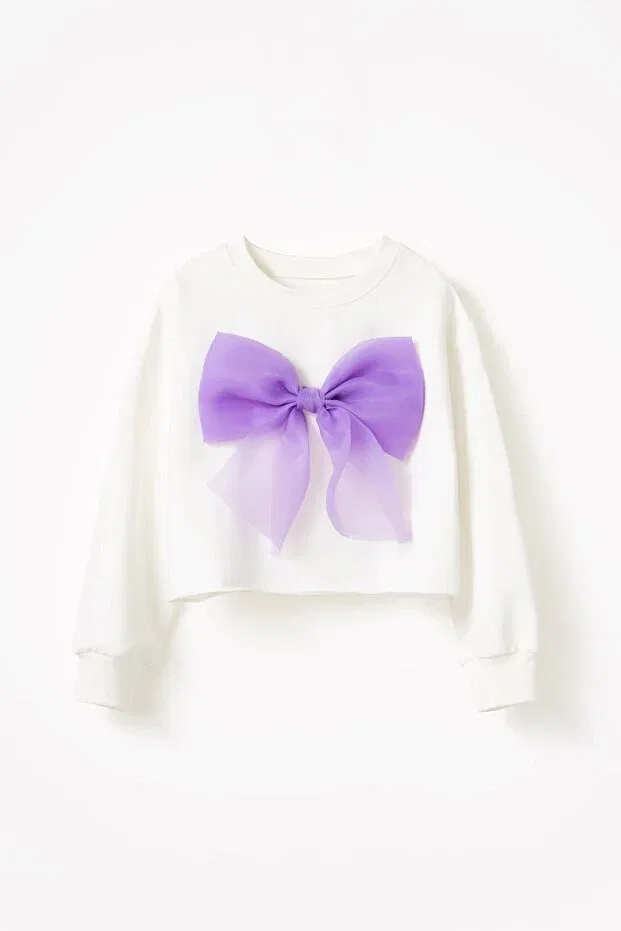 Детские укороченное свитшот для девочек с бантом Anastasia organza bow crop Banamio, Ecru-Lilac