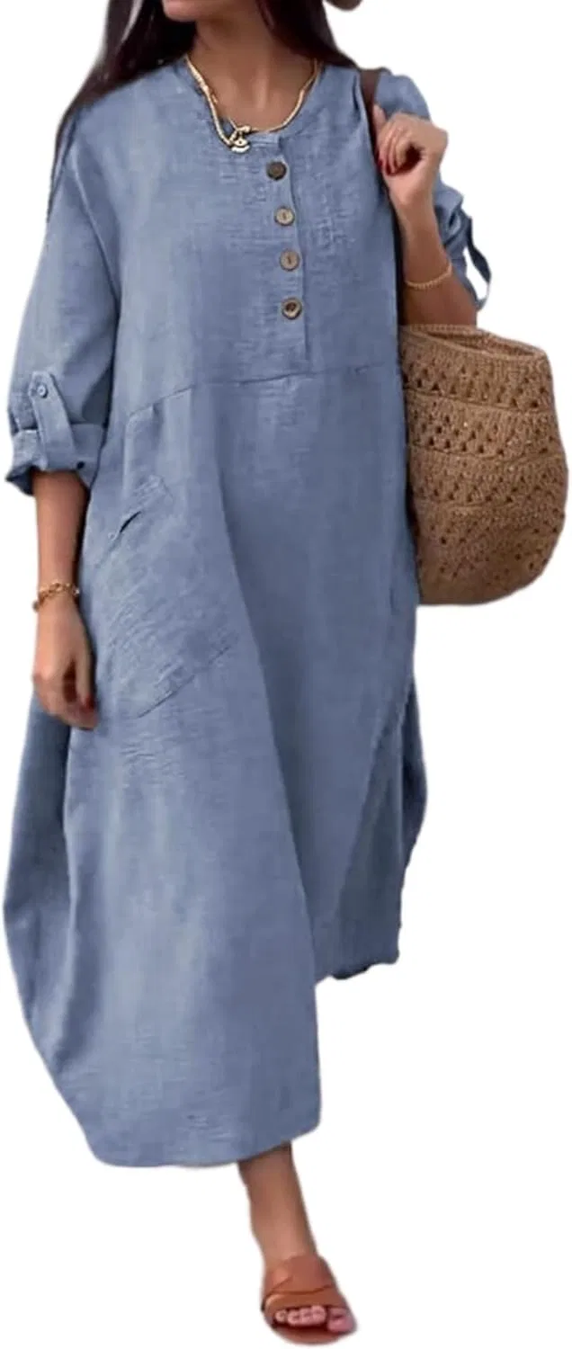 Женское длинное платье свободного кроя A-силуэта с пуговицами, Light Blue