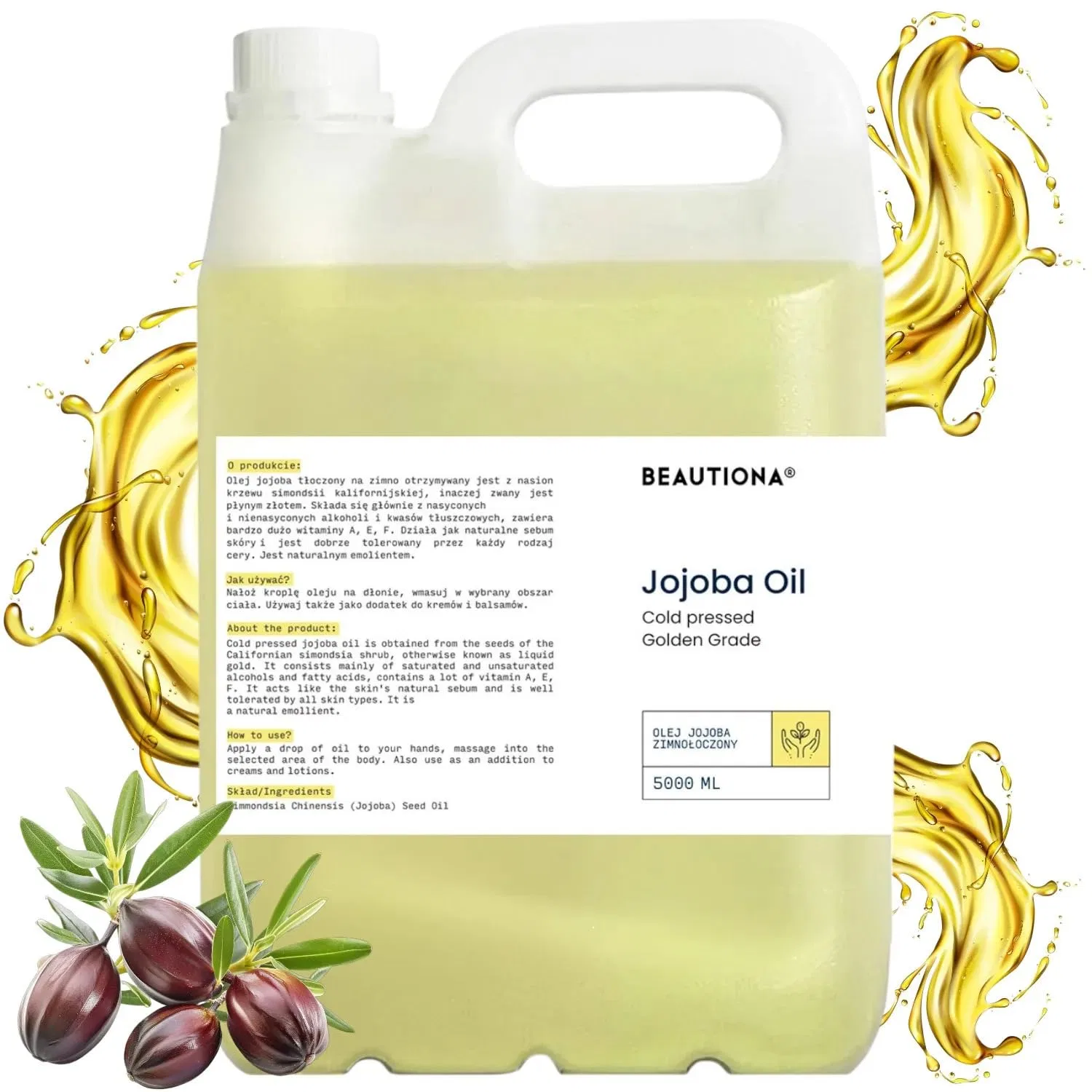 Масло для тела Jojoba Oil Cold Pressed, BEAUTIONA, 5 л, Jojoba Oil