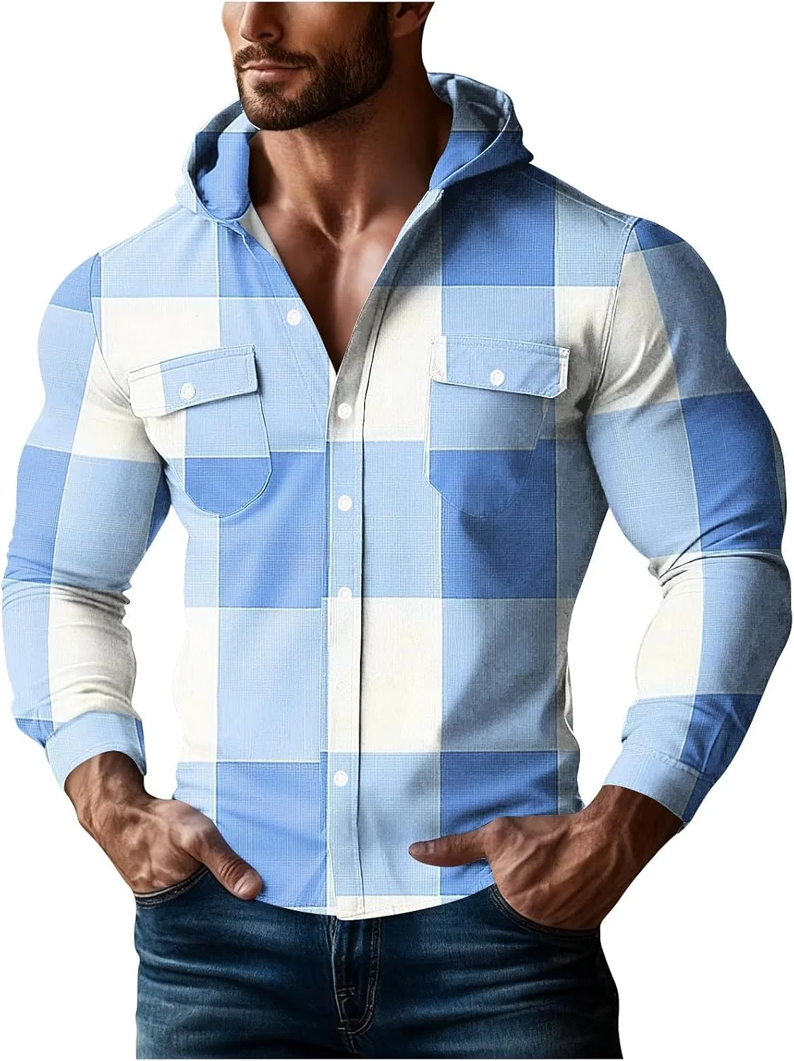 Мужская свободная фланелевая рубашка с капюшоном, принт в клетку, Long Sleeve Button Down Plaid Hoodie Stretch Casual Heavyweight Checkered Top, светло-синий
