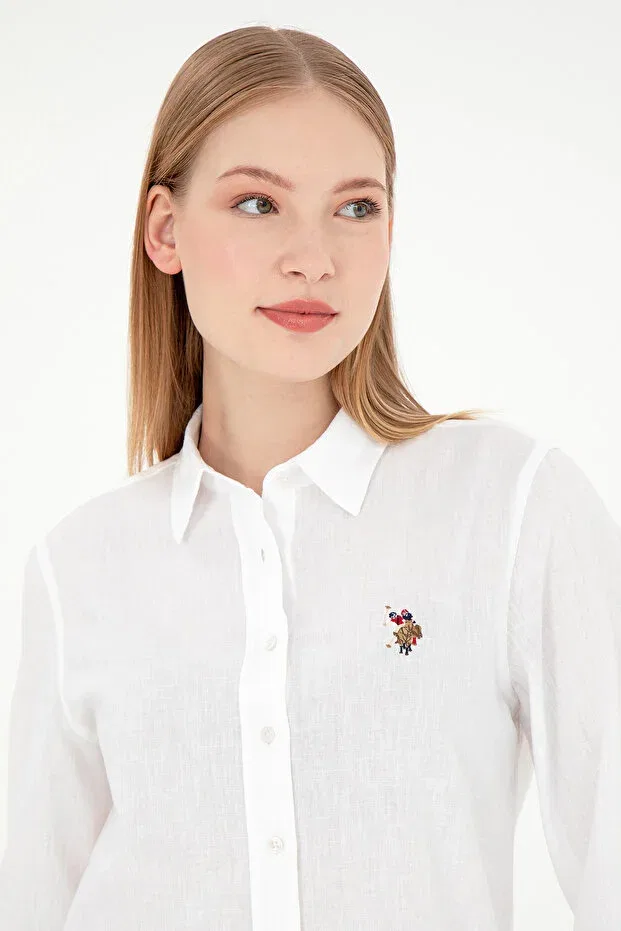 Женская рубашка льняная с длинным рукавом U.S. Polo Assn., White — фото 2