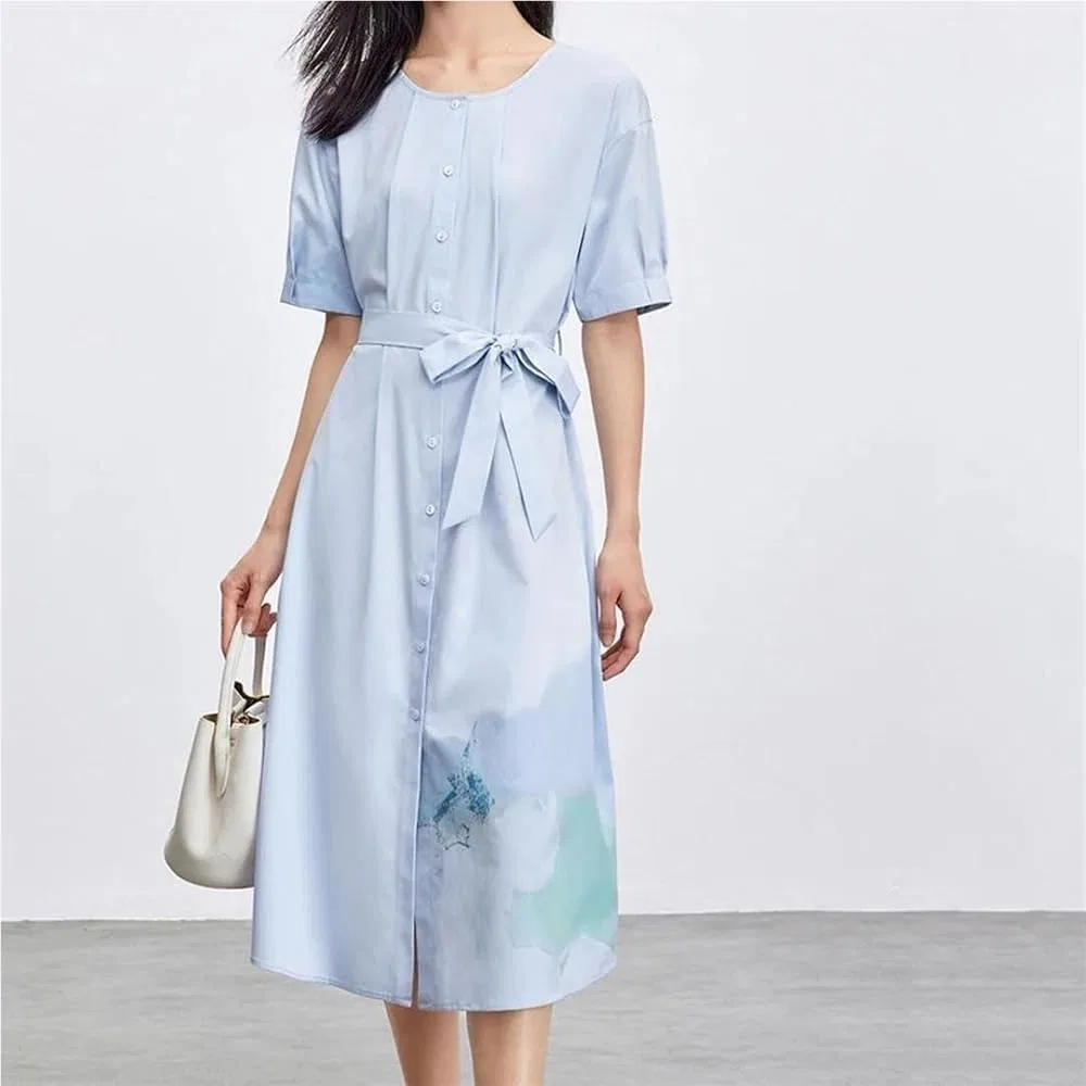 Женское платье-трапеция с запахом на пуговицах, рукав-фонарик, Sky Blue Dress — фото 2