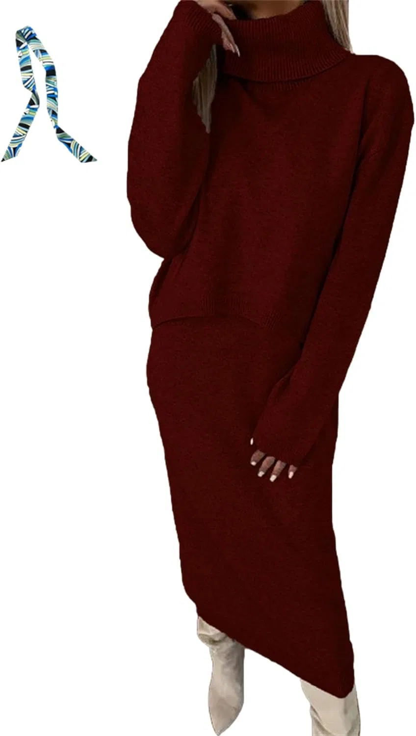 Женский миди-дресс и свитер с водолазкой Ribbed Knit, Wine Red